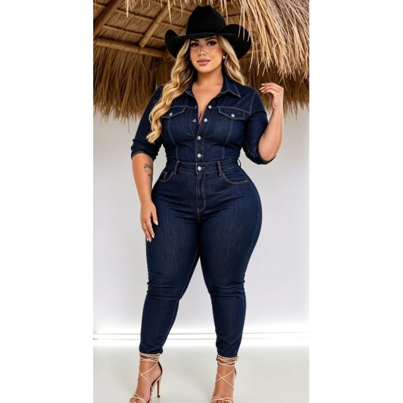 Macacão Jeans Feminino Longo Com laycra Azul Escuro
