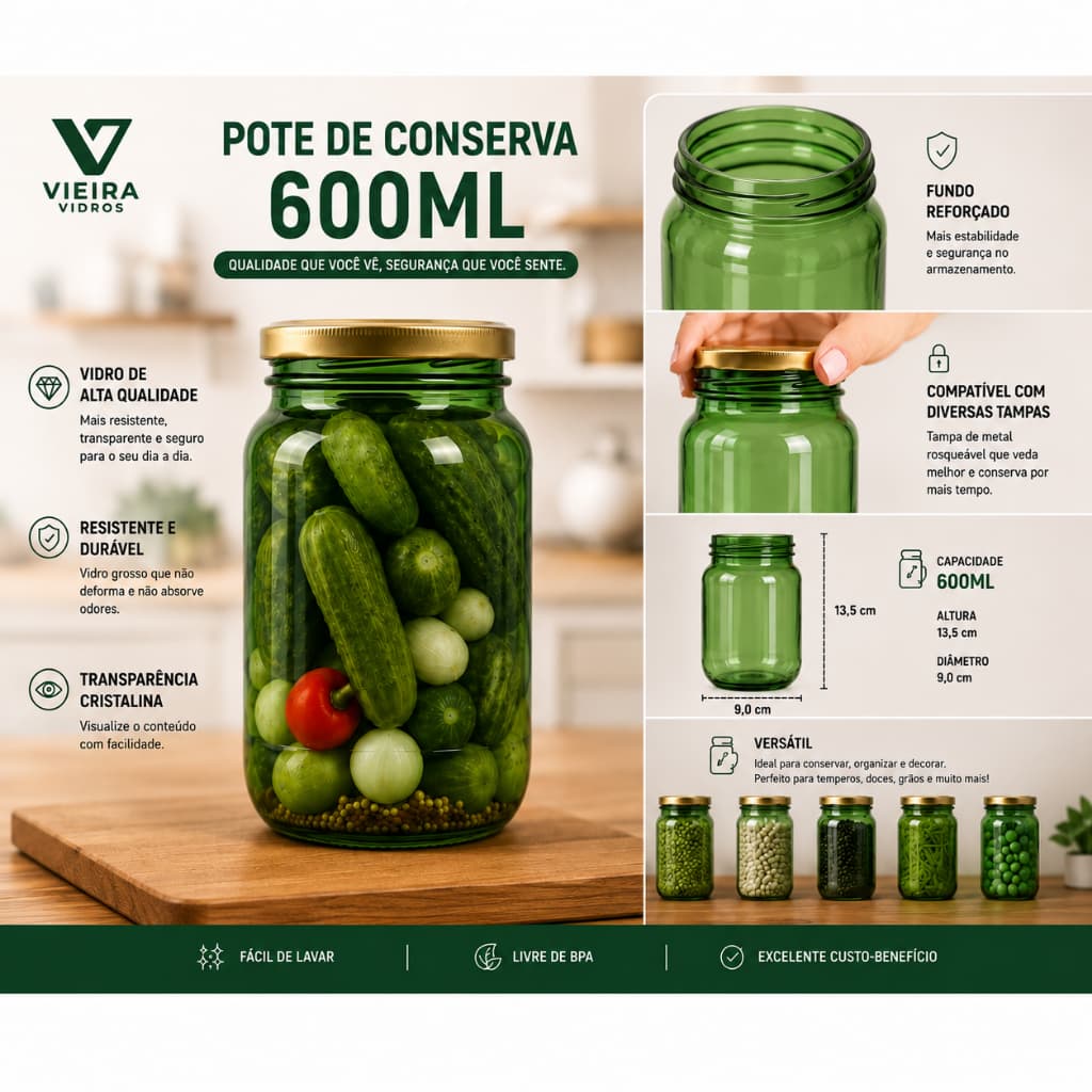 Kit 05UN/10UN Potes de Vidro Conserva 600ml Tampas para Palmito Pepino e Doces.