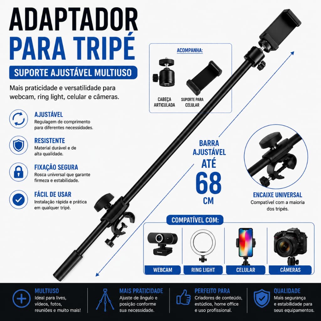 Barra Transversal Ajustável Para Tripé Pedestal Suporte Celular Câmera Webcam Ring Light Braço Horizontal Universal
