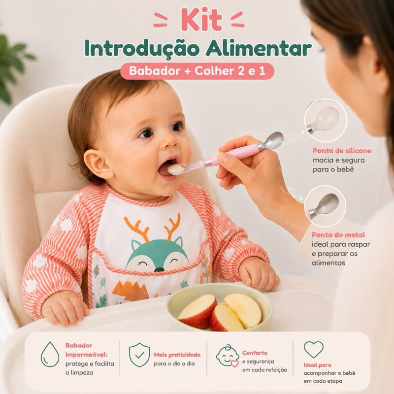 Kit Introdução Alimentar Colher 2 em 1  Raspa Frutas com Estojo + Babador Impermeável Prático Bebê Infantil