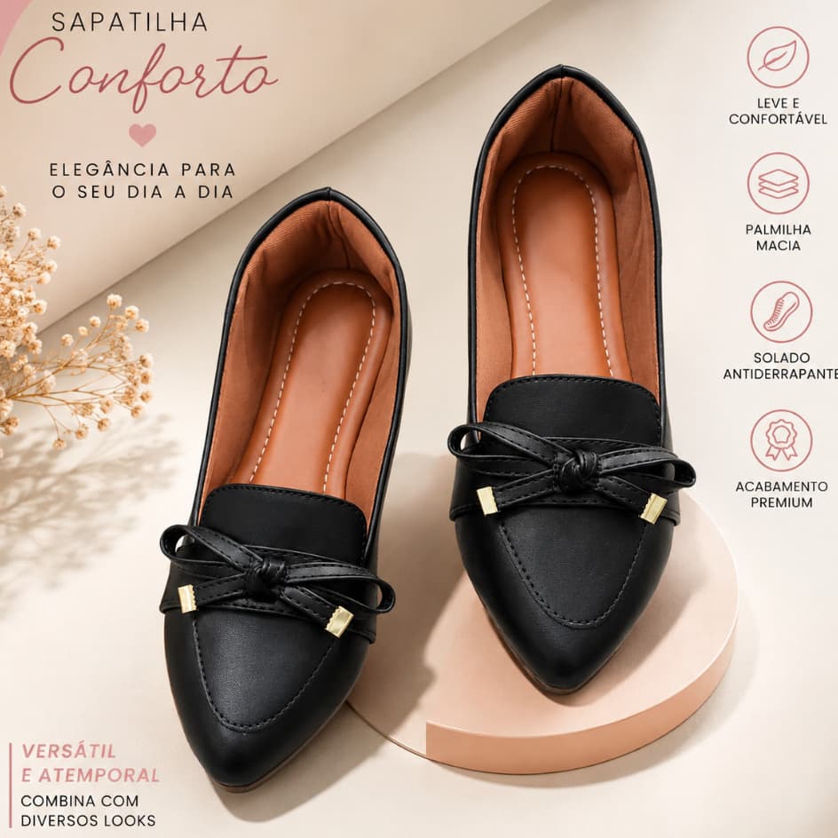 Mocassim Feminino Preto Bico Fino Com Laço Sapatilha Confortável Casual Elegante