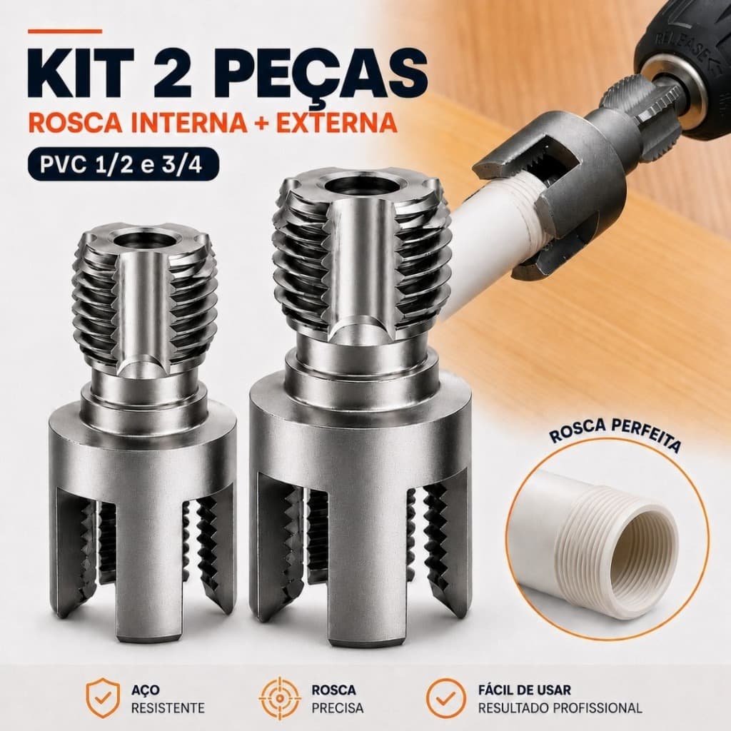 Abridor de Rosca Rosqueador Tarraxa Cano PVC PPR 1/2 ou 3/4 Kit 2 Interno Externo Furadeira Parafusadeira