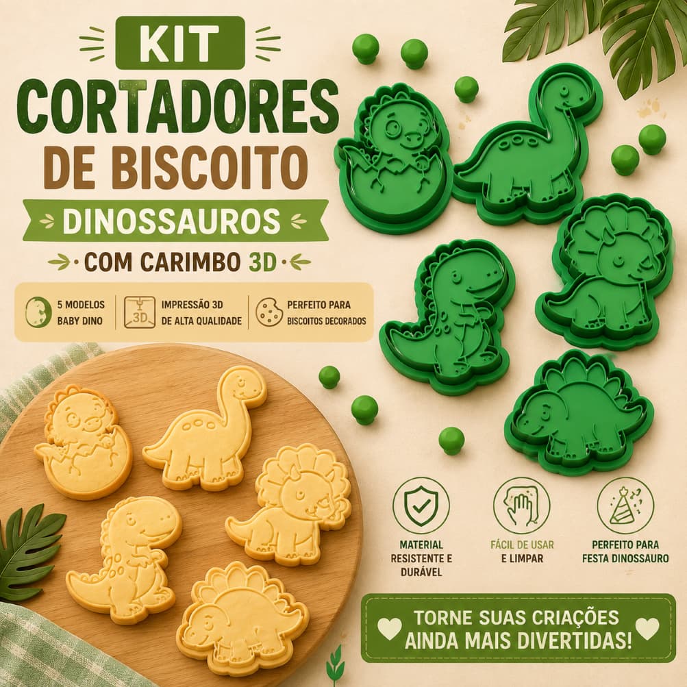 Kit Cortadores de Biscoito Dinossauros com Carimbo 3D | 5 Modelos Baby Dino | Impressão 3D | Festa Dinossauro