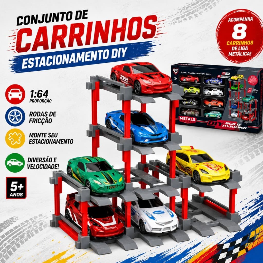 Kit 8 Carrinhos de Liga Metálica 1:64 Com Estacionamento DIY Montável Infantil