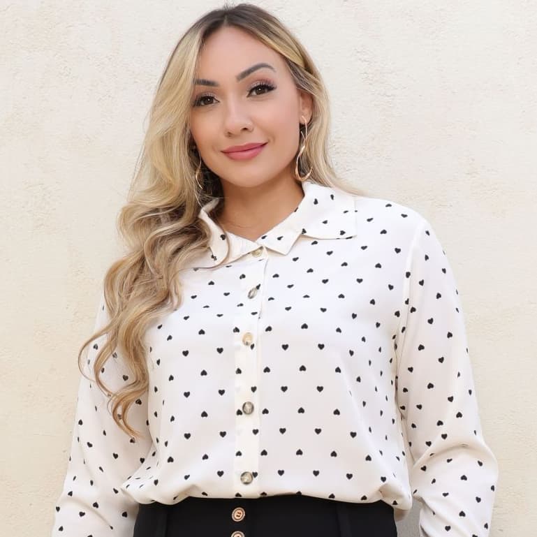 Camisa Feminina Manga Longa Estampada Várias Cores Poá Listrada Corações Moda