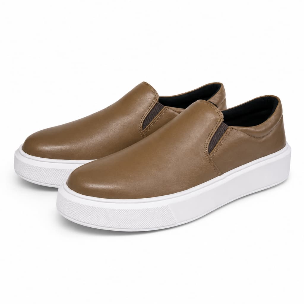 Tenis Slip On Masculino Sapatenis Couro Legítimo Plataforma Sem Cadarço Confortavel Casual Premium