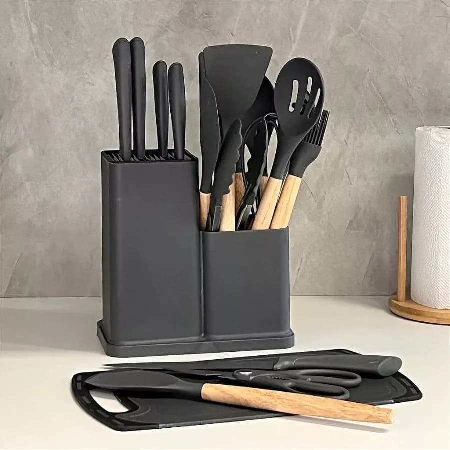 Kit de Facas e Utensílios de Cozinha 19 Peças Completa com Suporte Aço Inoxidável Silicone Antiaderente