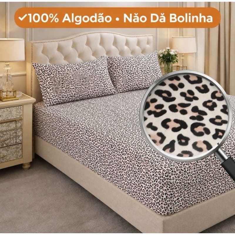 Kit Lençol Malha casal padrão 100% Algodão – Estampa oncinha | 3 Peças