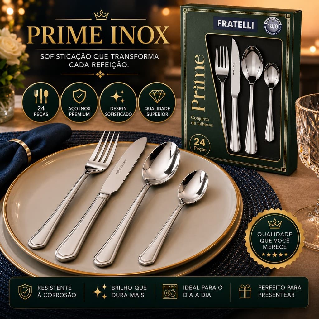 Jogo de Talheres Faqueiro 24 Peças Aço Inox Completo Faca Garfo Colher Cozinha Premium Prime Inox Reforçado