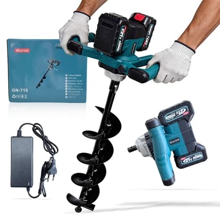 GENAI 21V Cordless Earth Auger Kit - 10 Cells, 2 Batteries, Charger and Drill Included