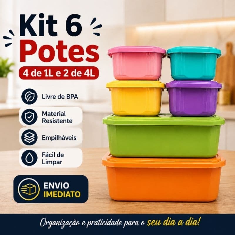 Kit 6 Potes Organizadores Plásticos Tampa Hermética Alimentos Cozinha