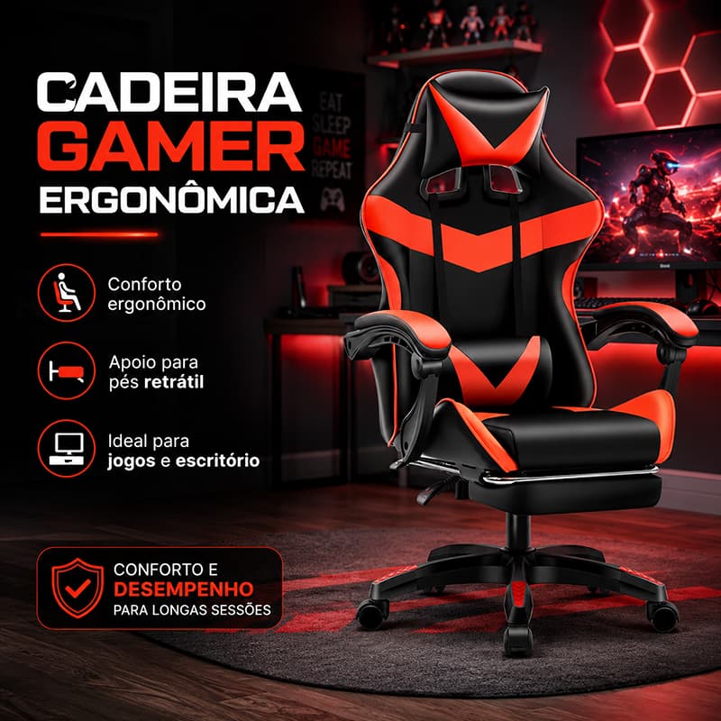 Cadeira Gamer E Escritorio Ergonômica Tecido Em Couro Encosto Regulável Com apoio Para Pés