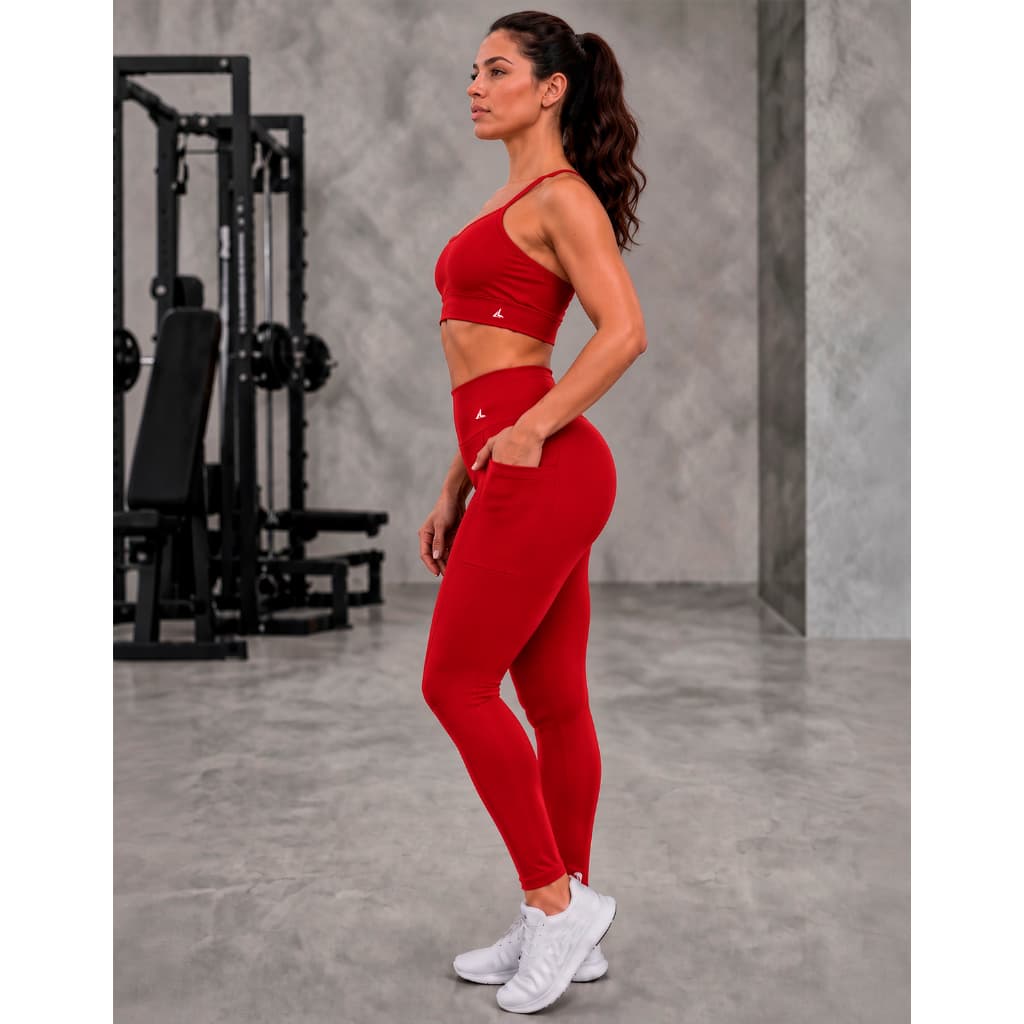 Conjunto Academia Feminino Zero Transparência Top Esportivo Calça Legging Com Bolsos Cós Alto Modelador Roupa Fitness