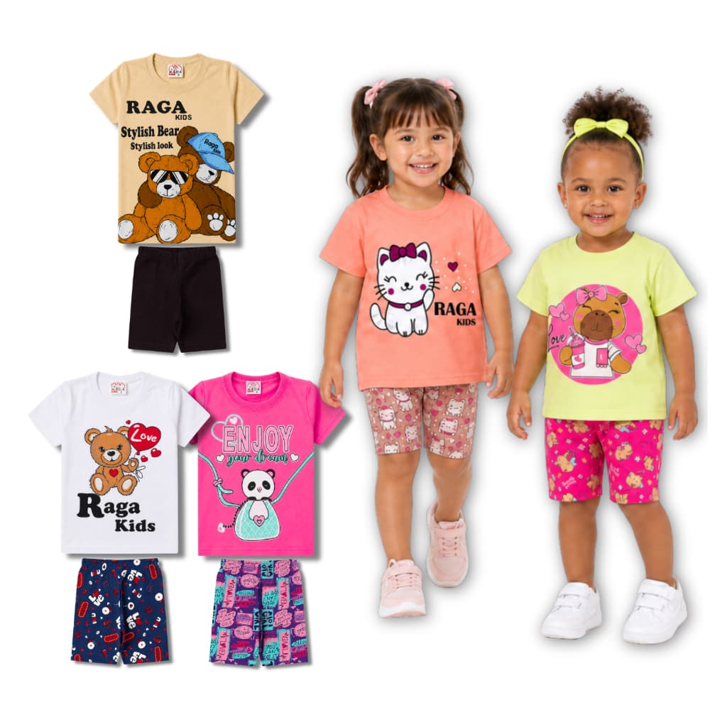 Kit 3 Conjuntos Roupa Infantil Juvenil Menina Verão 6 Peças 3 Blusas + 3 Shorts Sortidos Tam 1 ao 14