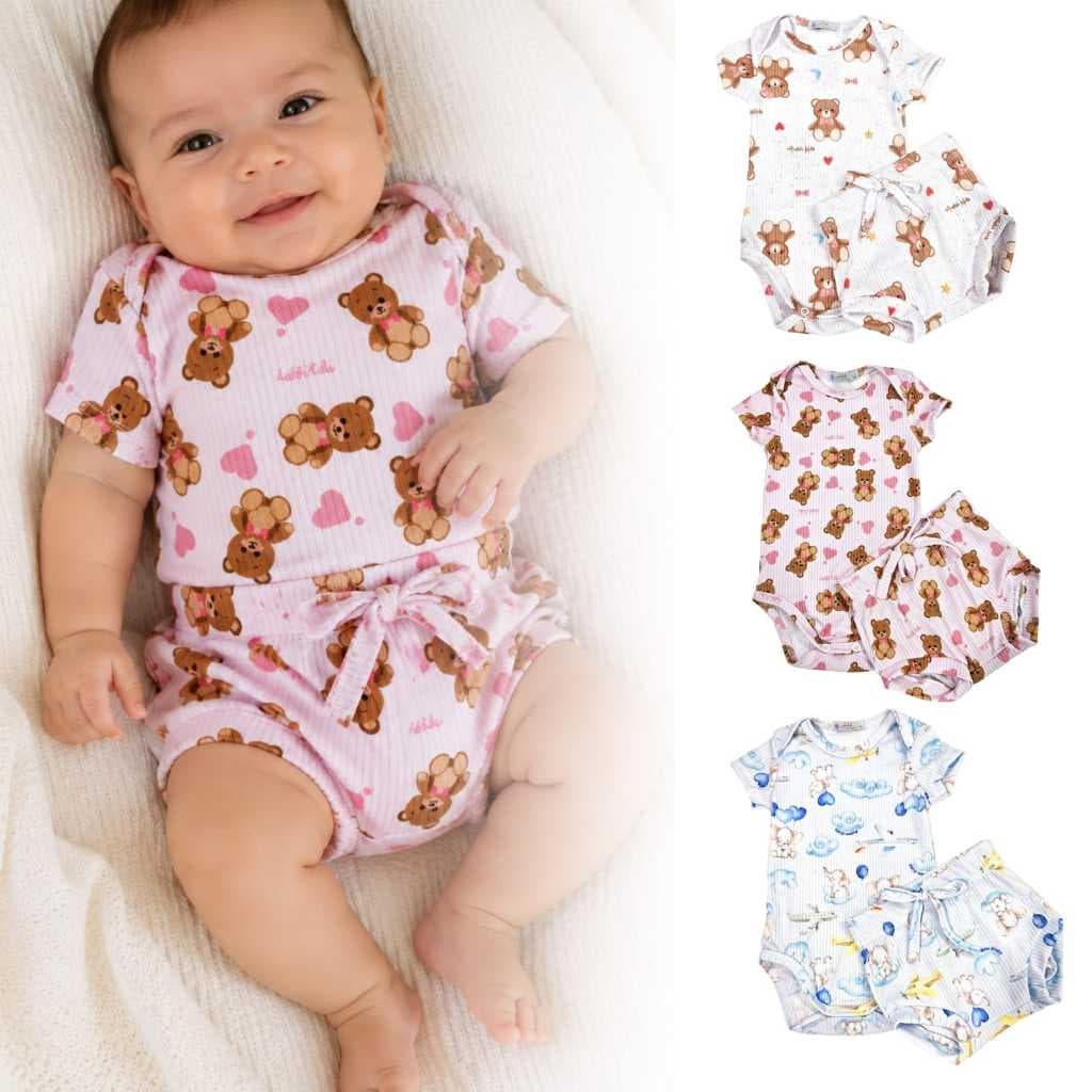 Conjunto Bebê Body Manga Curta Tapa Fralda Canelado Estampado P ao GG