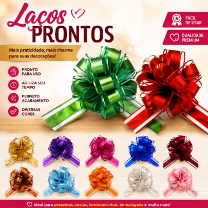 Kit Laço Pronto Para Presente 10/20/50un Caixa Saco Embalagem Organza Decoração Aniversário 30mmX47cm Médio Fácil