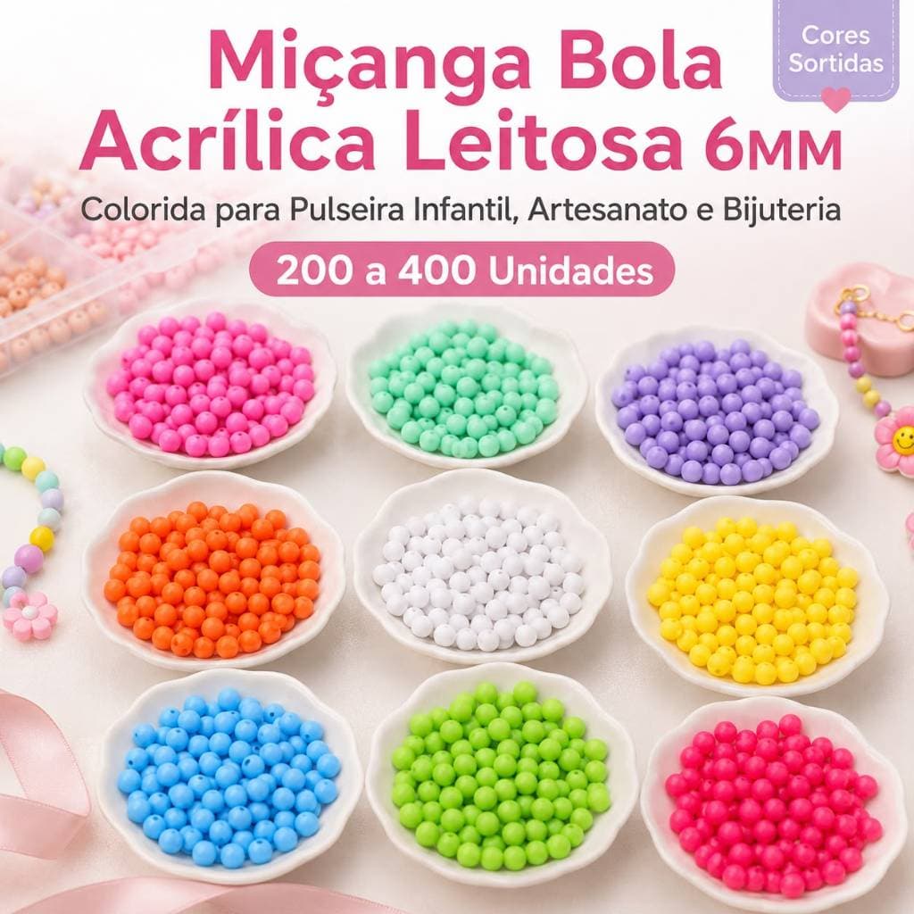 Miçanga Bola Lisa Leitosa 6mm 200,300 E 400 UNI p/ artesanato em geral Colar Pulseira Tiara Chinelos