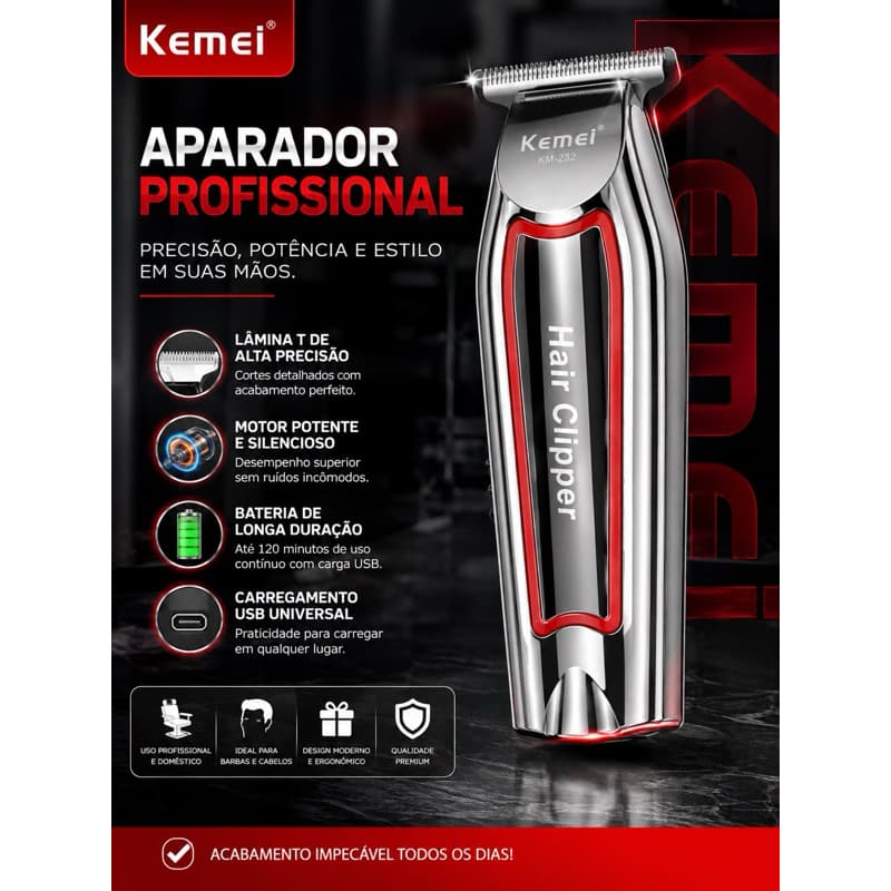 Máquina de Acabamento Profissional Kemei KM-032 - Lâmina de Titânio, Design Ergonômico e Funcionamento Sem Fio