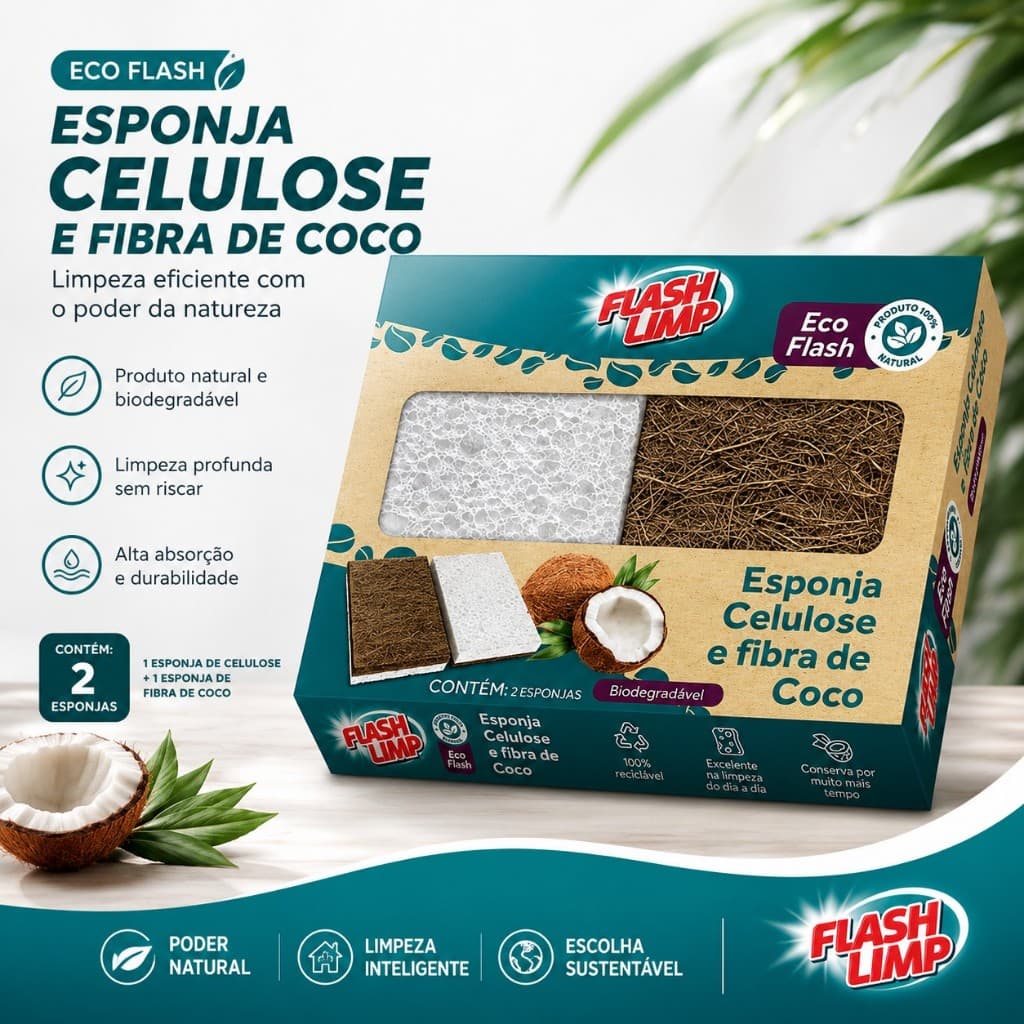 Kit 2 Esponjas Flash Limp de fibra de coco e celulose biodegradável bucha ecológica vegana