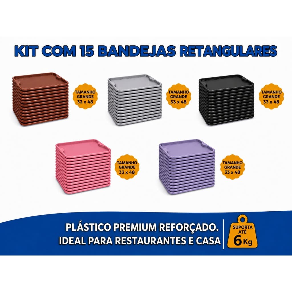 Kit 15 Bandeja De Plastico Retangular Grande 33x48 Coloridas Fast Food Buffet Hamburgueria Refeitório Padaria Servir