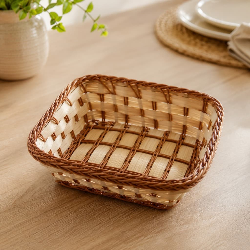 Cesta De Palha Decoração Trançada Pães Frutas Torradas Quadrada Linda