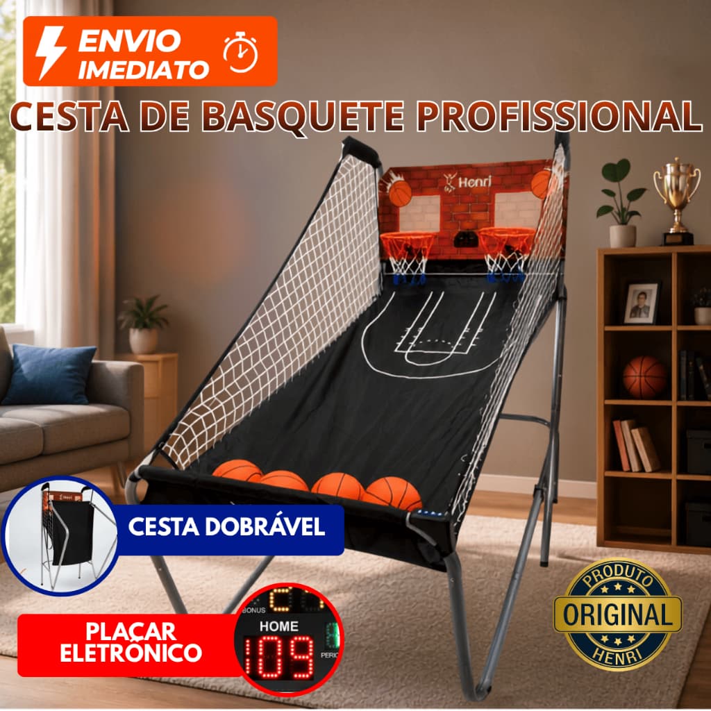 Cesta de Basquete Eletrônico Profissional Móvel Dobrável com Placar Eletrônico e 4 Bolas de Basquete