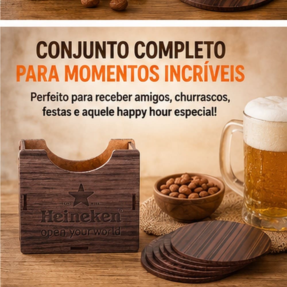 Porta Copo de Madeira 6 Peças 9cm Estojo Cerveja