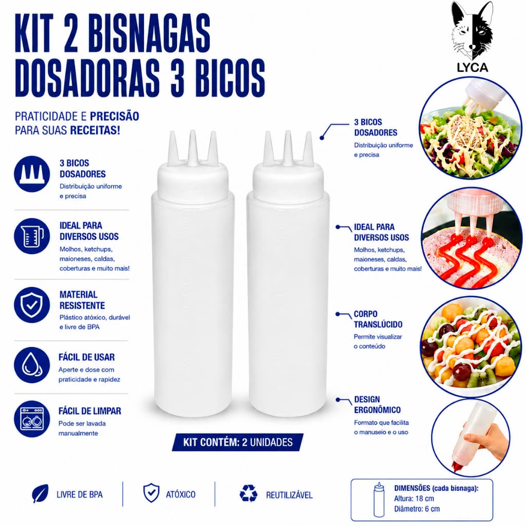 Kit 2 Bisnagas Flexível C/ 3 Bicos Para Molhos Katchup Mostarda 300, 400, 650ml