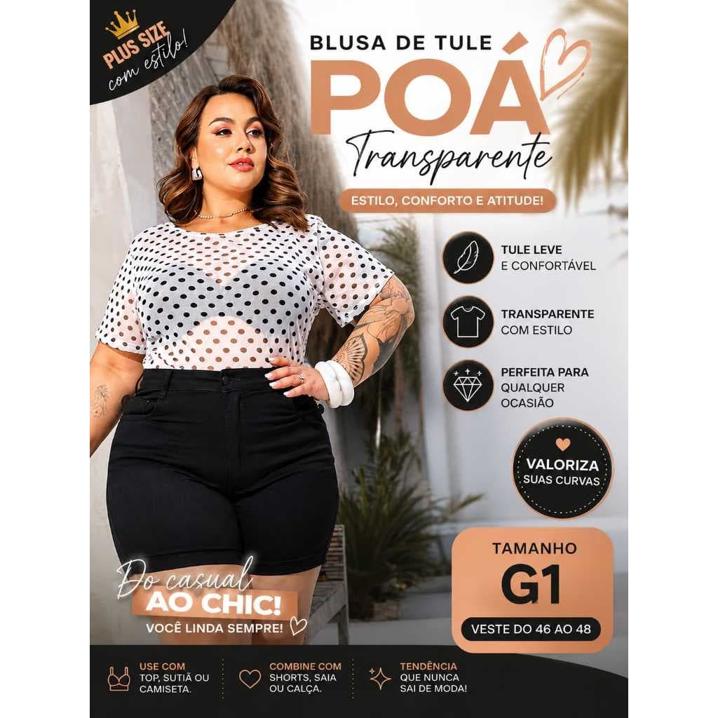 Blusa Tule Manga Curta Gola Redonda plus Size Camiseta Feminina Transparente Estampa Bolinha