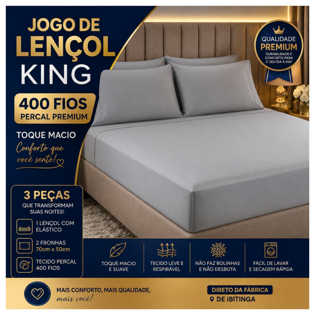 Jogo de Lençol, 400 Fios, com Elástico, Solteiro, Casal, Queen, King e Toque Macio.