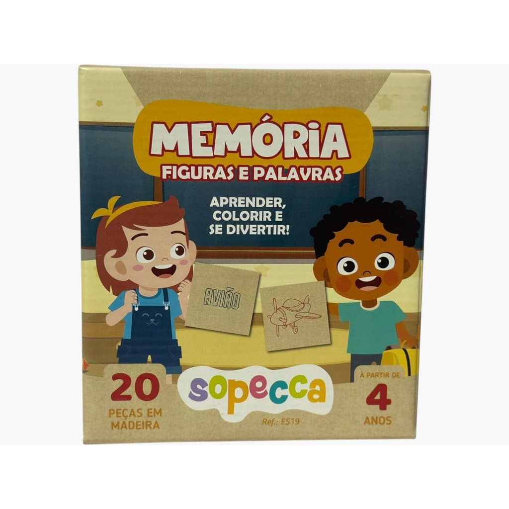 Jogo da Memória Educativo em Madeira Figuras e Palavras 20 Peças Para Colorir – Sopecca