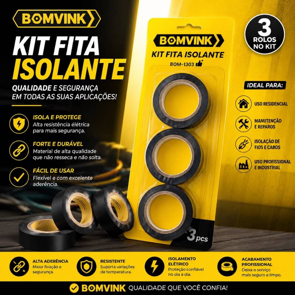 Kit Fita Isolante Preta BOMVINK BOM-1303 – Kit com 3 Rolos