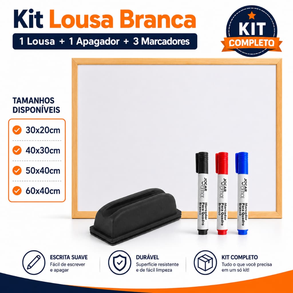 Kit Lousa Quadro Branco com Moldura de Madeira + Apagador + 3 Marcadores | 30x20 40x30 50x40 60x40cm