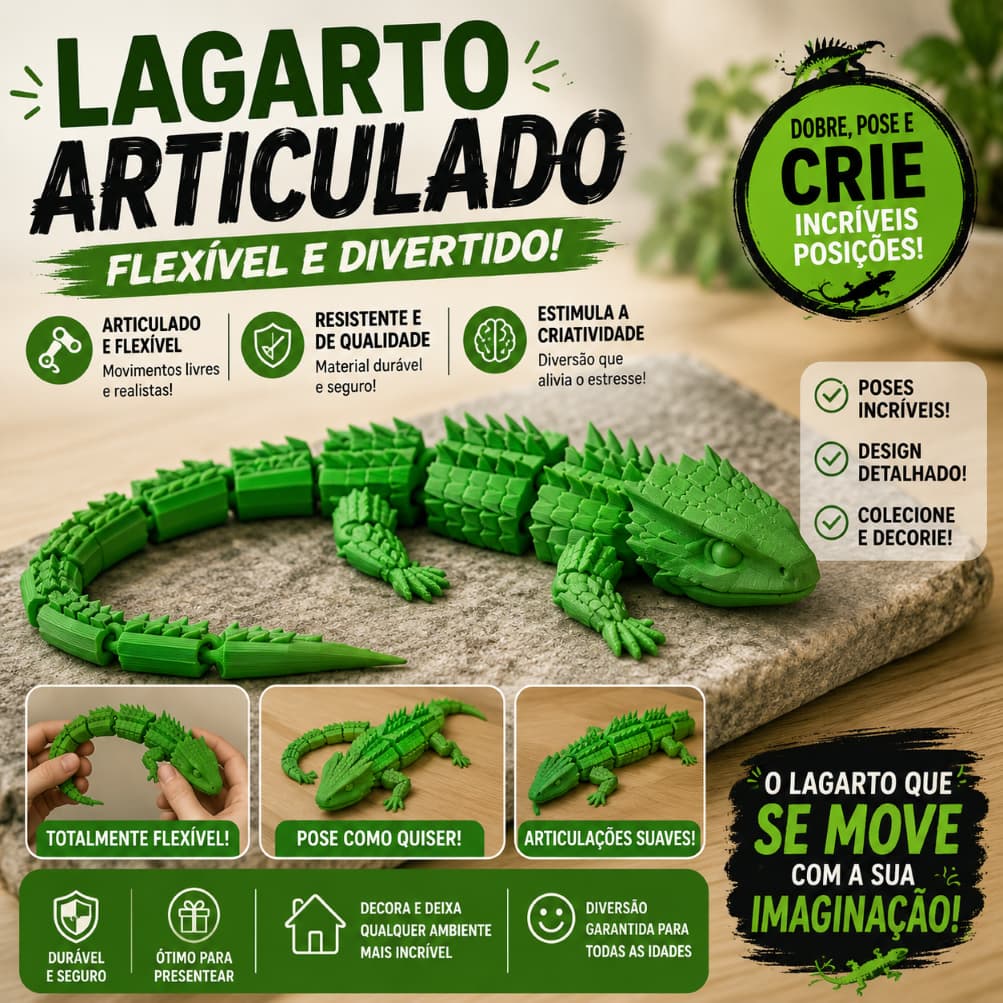 Lagarto Articulado Flexível 3D Verde Brinquedo Criativo Decoração Presente