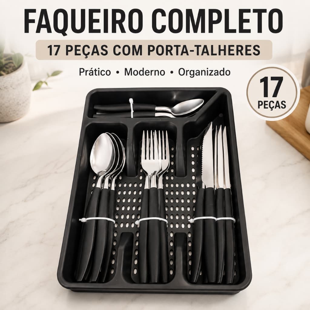 Faqueiro 17 Peças Preto com Porta Talheres Jogo de Talheres Inox para Cozinha Organizador Completo