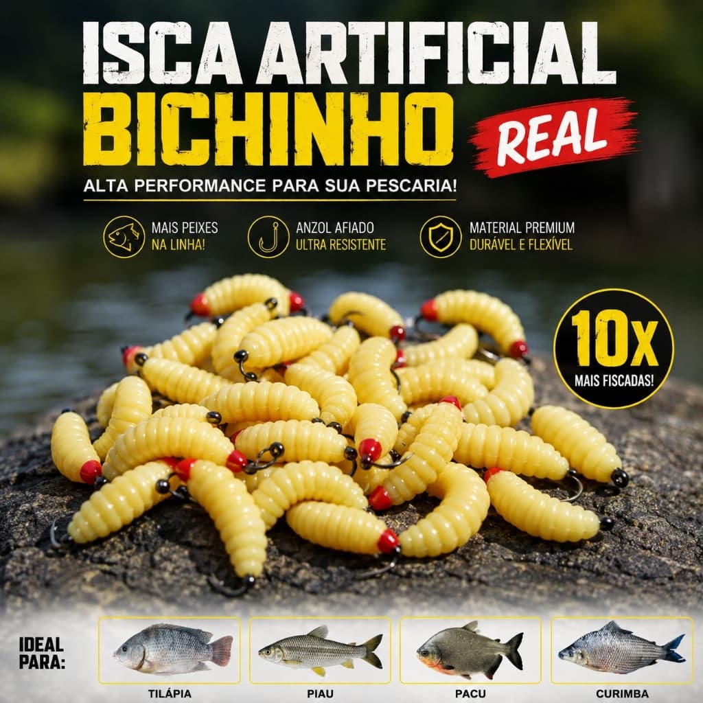 Isca Artificial Bichinho Larva 10 Unidades com Anzol Pesca Tilápia Piau Pacu