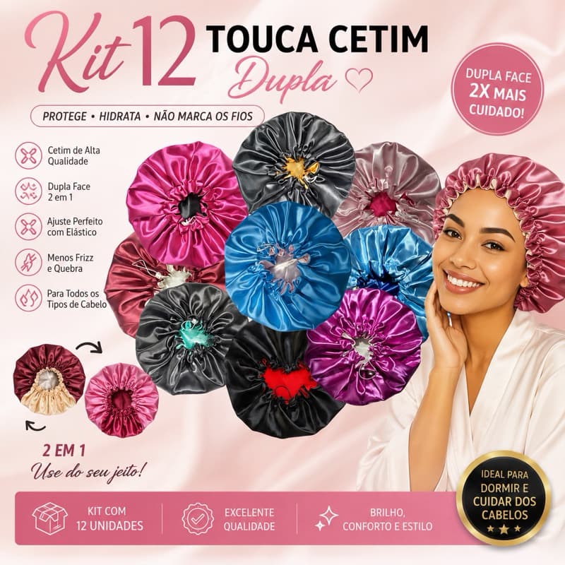 Kit 12 Touca de Cetim Dupla Face 2 em 1 Anti Frizz Proteção para Cabelo Confortável para Dormir Cores Sortidas Atacado