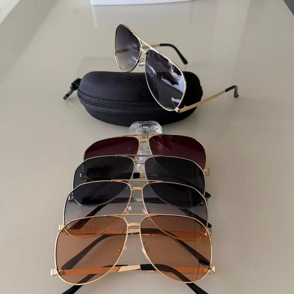Óculos de Sol Feminino Aviador Grande com Armação Metálica e Proteção UV400 + Estojo Rígido