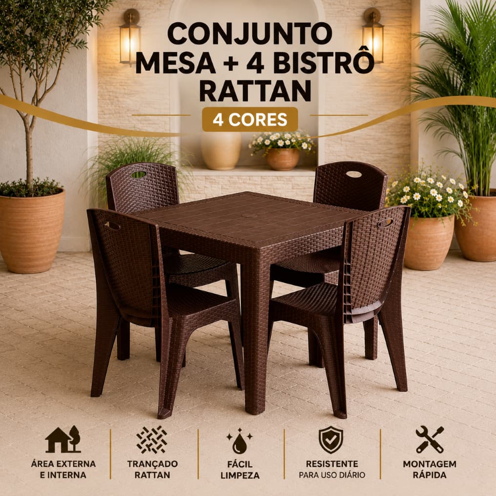 Conjunto Mesa Quadrada com 4 Cadeiras Bistrô Rattan Reforçada Jantar Jardim Salão Festa Lazer Casa