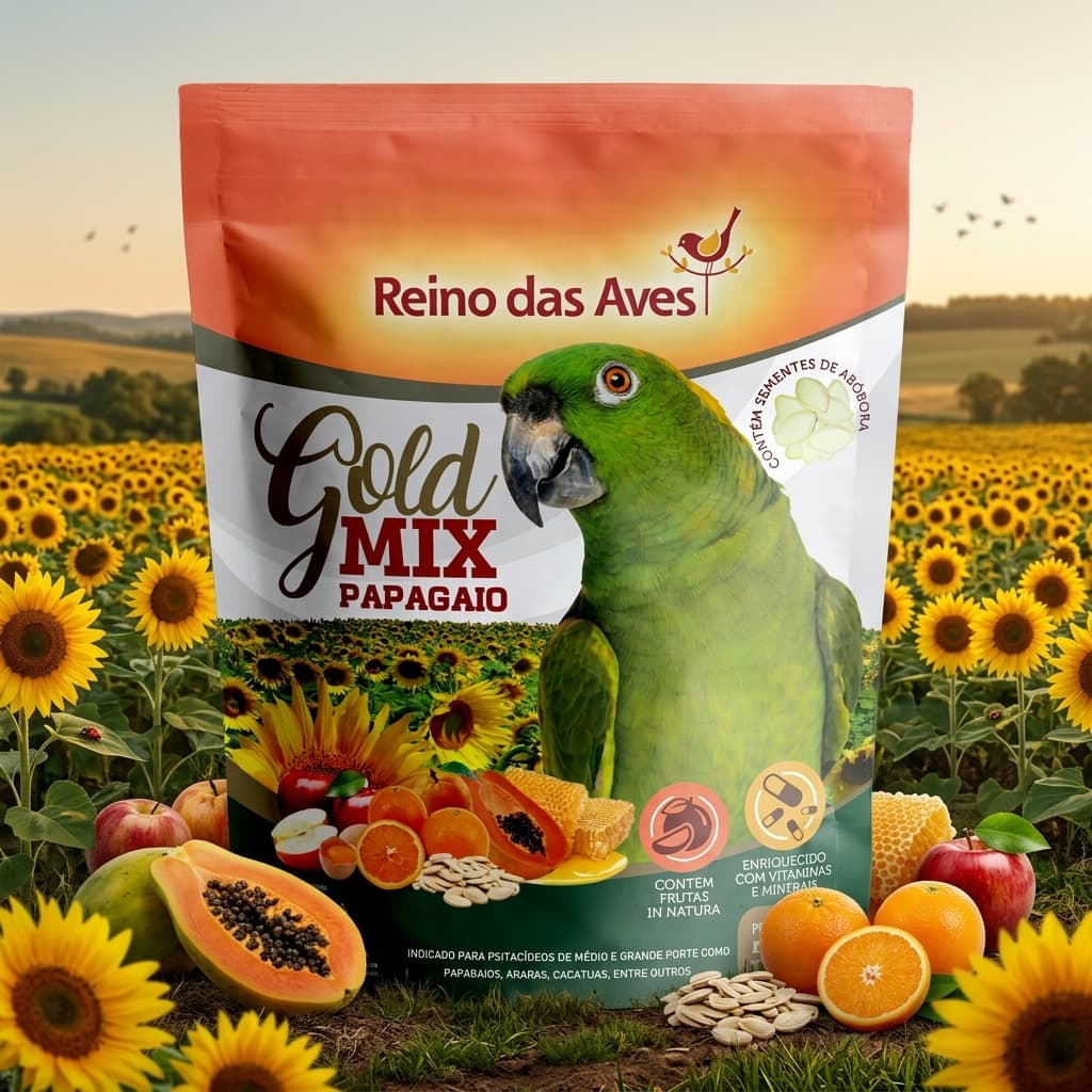 Ração Gold Mix Papagaio 500g Alimento para Papagaios Reino das Aves
