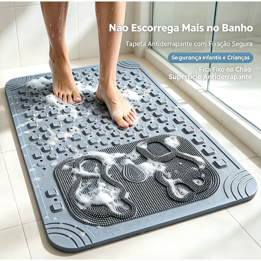 Tapete Antiderrapante para Banheiro com Ventosas Massageador de Pés Drenagem Rápida Antiderrapante