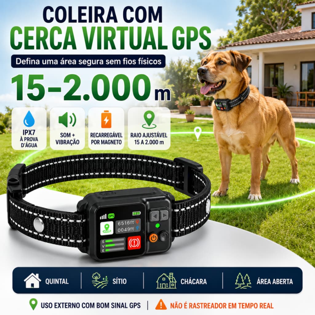 Coleira para Cães com Cerca Virtual GPS 15-2000m Sem Fio IPX7 Recarregável Som e Vibração ZF500