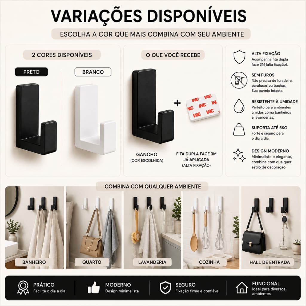Kit Ganchos Adesivos De Parede Dupla Face 3M Suporte Multiuso Cabide Toalha Roupas Autocolante Sem Furo Preto Branco