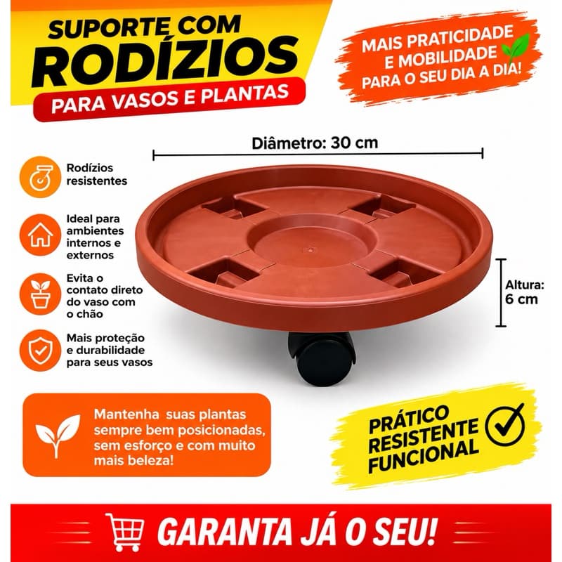 Suporte Para Vaso de Planta com Rodinhas Acrílicas - Terra Cota, Mobilidade Fácil e Durabilidade