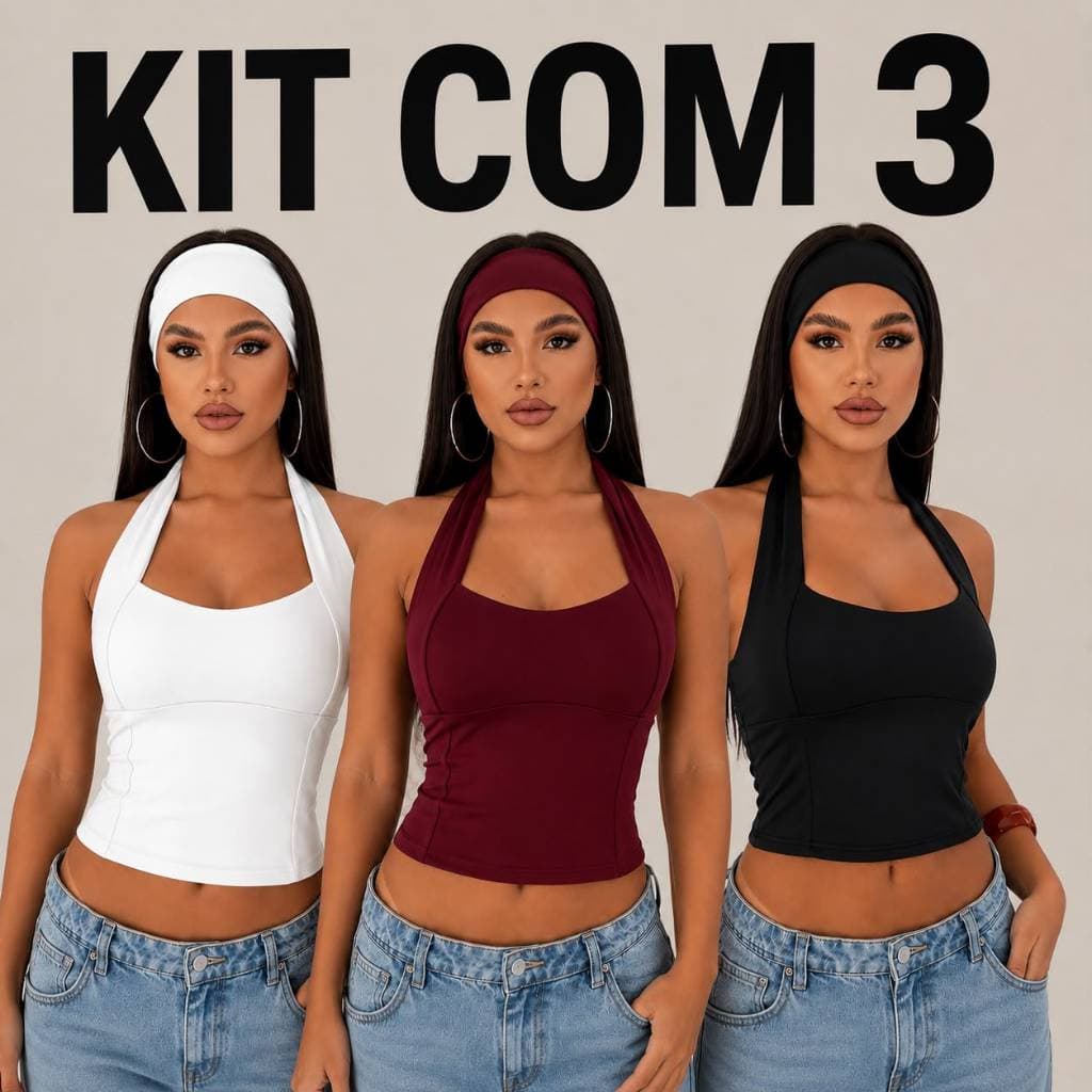 KIT 3 BLUSAS FEMININA TOP HALTER CROPPED AJUSTADO FRENTE ÚNICA COSTA NUA CASUAL MODA VERÃO 2026