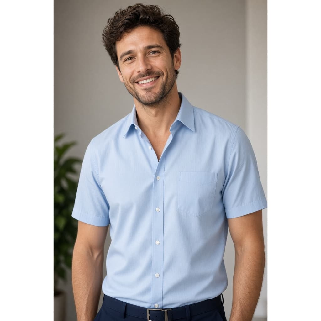 Camisa Social Masculina Manga Curta Azul Claro Lisa Microfibra com Elastano com Bolso Trabalho Uniforme Escritório
