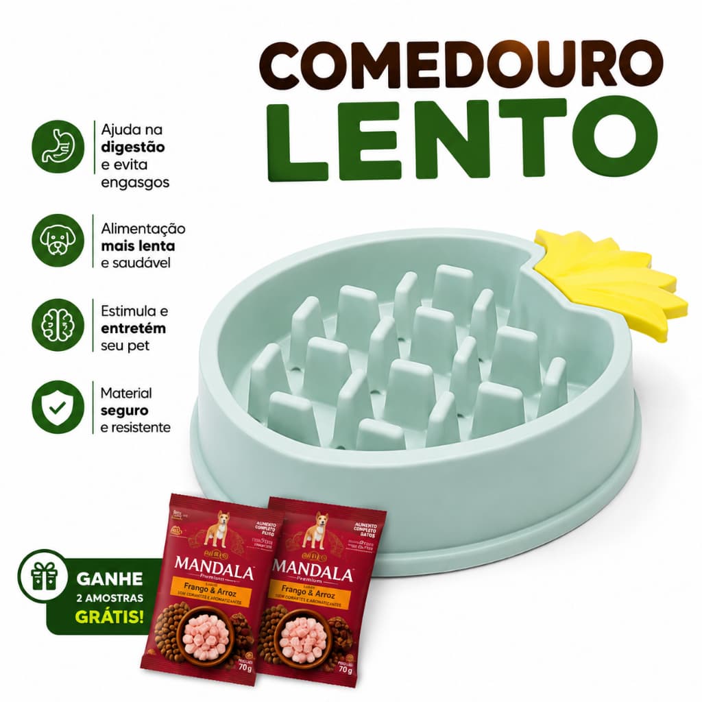 Comedouro Lento para Cães Pote Educador Interativo + 2 Amostras Grátis de Ração 70g