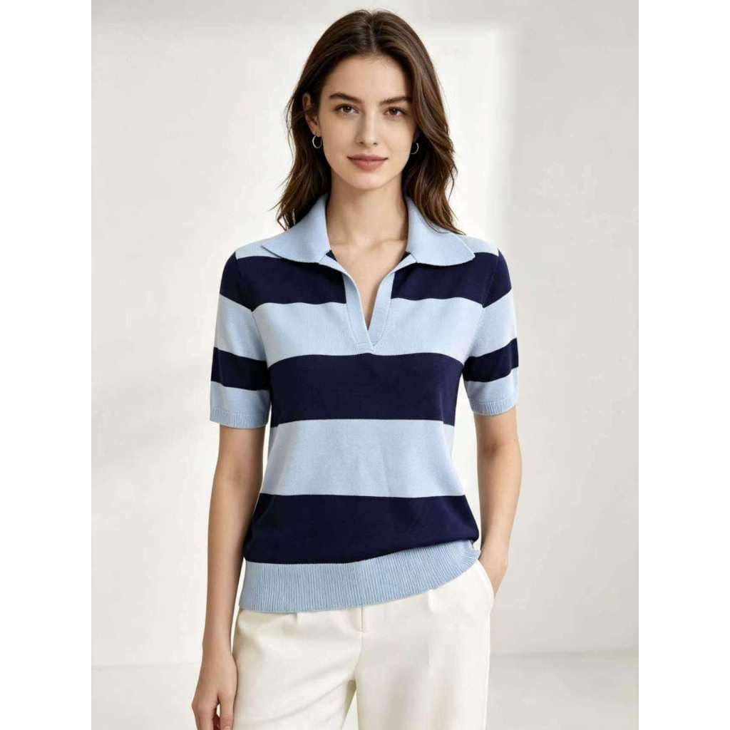 Blusa Feminina Gola Polo Tricô Modal Listrada Cropped Manga Curta Casual Elegante