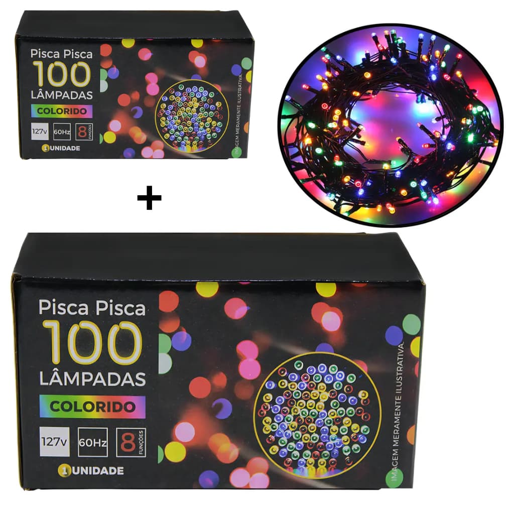 Kit 2 Pisca Pisca LED Colorido Natal 16m 200 Lâmpadas ao total 8 Funções Cordão Fio Verde Decoração