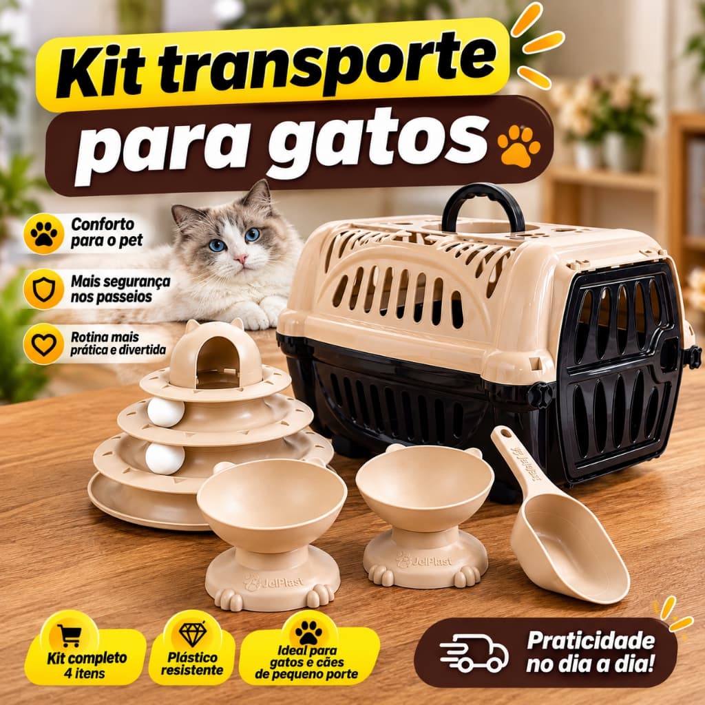 Kit para Gatos Completo com Caixa de Transporte + Comedouros + Brinquedo + Pá Dosadora